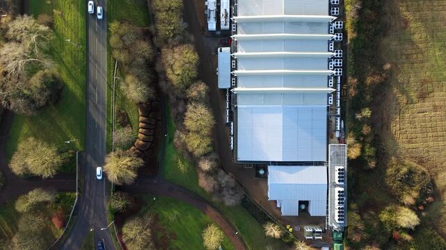 Top down aerial view of large data centre, advanced quantum computing and cloud storage. State of the Art technology futuristic, Milton Keynes, England UK.