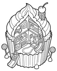 A whimsical cupcake house illustration, featuring a cozy interior design with fun slides and candy accents. Perfect for children's projects or creative culinary displays.