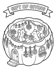 A whimsical illustration featuring two mice inside a festive pumpkin, exchanging gifts
