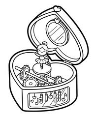 A whimsical illustration of a heart-shaped music box featuring a dancing ballerina. This charming design captures the essence of nostalgia and childhood wonder.