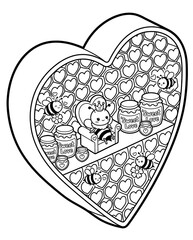 A delightful coloring page featuring a heart-shaped box filled with cute bees and jars of honey, perfect for relaxation and creative expression.