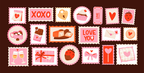 Cute Valentine Day elements set with sweets and love gifts. Wedding and love concept. Flat vector set with romantic icons in soft pink and red tones.