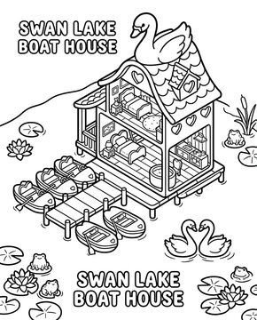A charming illustration of a boathouse by Swan Lake, featuring swans and lily pads. Ideal for nature enthusiasts and lovers of whimsical designs.