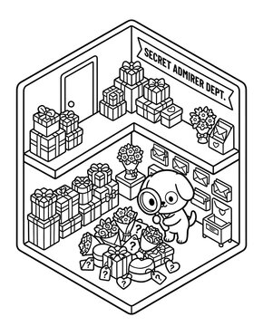 A whimsical illustration of a dog in a secret admirer department surrounded by gifts and flowers, showcasing themes of love and surprise in a charming, playful environment.