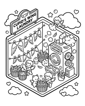 A whimsical, illustrated laundry scene featuring cherubs playfully handling laundry in a charming setting, complete with clouds and hearts, embodying a playful spirit of love.