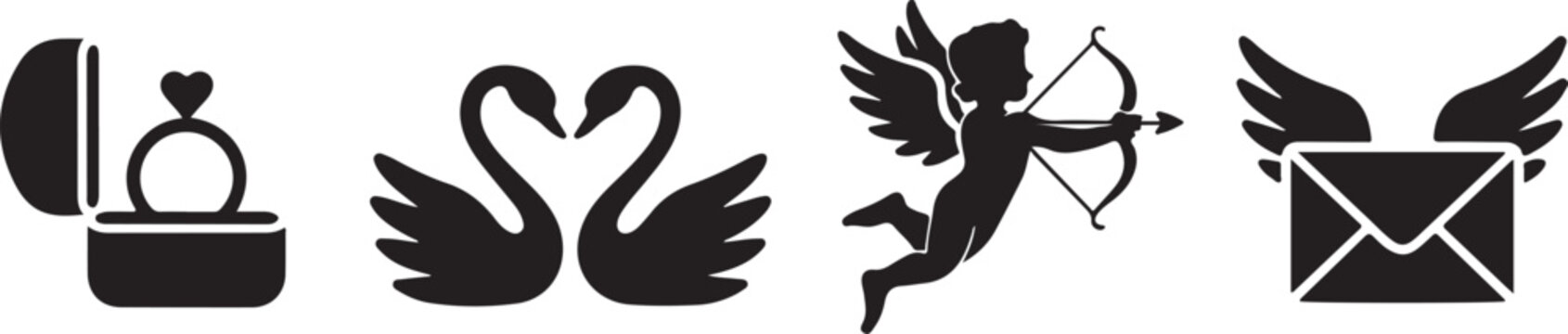 Set of romantic silhouette icons including diamond engagement ring swans forming heart cupid with bow and flying love letter vector illustration