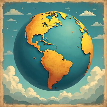Retro illustration of planet Earth with vintage distressed texture. Blue oceans and yellow continents float among stylized clouds in sky. Global design element for Earth Day.
