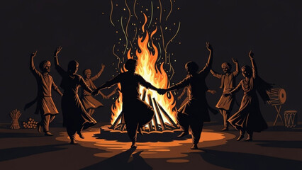 Group of people dancing around a bonfire at night, festive celebration illustration