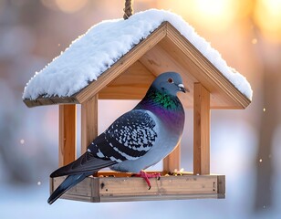 Pigeon perched on snow-dusted wooden bird feeder against a soft, bokeh-filled winter backdrop