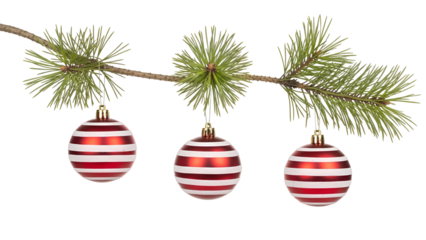 Red and white striped christmas ornaments hanging on pine branch