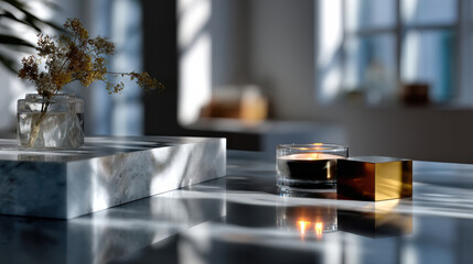 A stylish table setting featuring a lit candle and a geometric block against a backdrop of soft light, creating a calming and modern aesthetic for any occasion.
