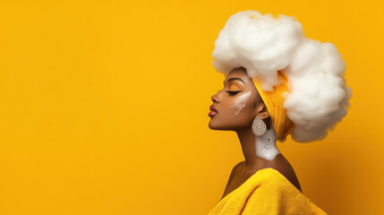 Indian people using shampoo, A woman with Indian descent shampooing her hair while draped in a towel, captured in high-fidelity resolution for stock image use.