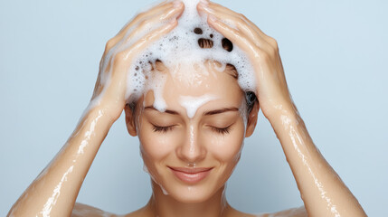 Indian people using shampoo, A woman with wet hair is massaging her scalp, showcasing a moment of self-care and relaxation in a high-resolution image.