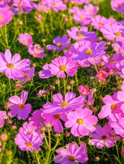 Fototapeta premium The image shows pink, dark pink, and white marigold flowers with green leaves and green stems. The flowers have yellow stamens in the center, creating a beautiful and natural appearance with lovely. 