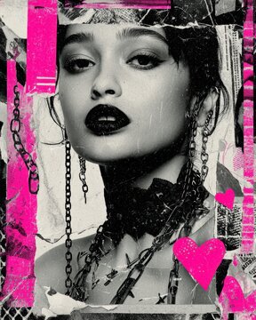 Avant garde black and white fashion portrait with chains lace and neon pink hearts in a distressed punk collage composition