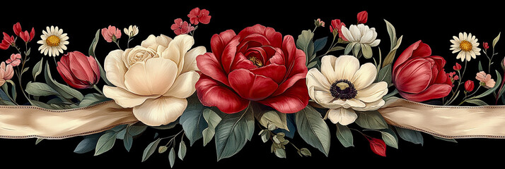 Elegant botanical border with red and cream roses, tulips, and daisies nestled amongst lush green foliage and decorative golden ribbon, all on striking black background.