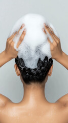 Indian people using shampoo, A serene Indian woman with wet hair is massaging her scalp, captured in high fidelity, showcasing beauty and self-care.
