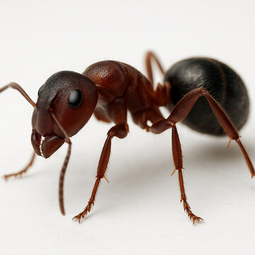 Macro closeup of a black Formica worker ant insect with detailed antenna and legs isolated on a white background