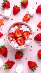 Pink-toned flat lay strawberries, halved and whole, surround a bowl of halved berries and marshmallow cubes