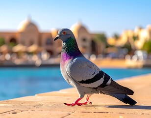 Pigeon standing proud on a stone wall with aqua water and building in the background bathed in warm sunlight