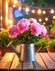 Pink peonies fill a watering can on a wooden table, illuminated by soft string lights in a garden setting