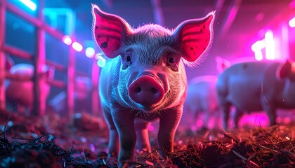 Piglet closeup with vibrant neon lights, in a barn on straw. Soft and cute