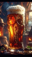 Pint glass overflowing with frothy beer, set in a rustic tavern with warm light