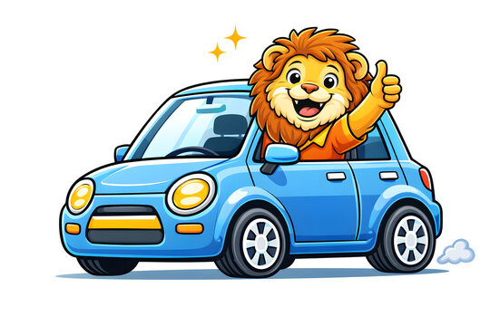 Cute Cartoon Lion Giving Thumbs Up While Driving Blue Car &ndash; Vector Illustration