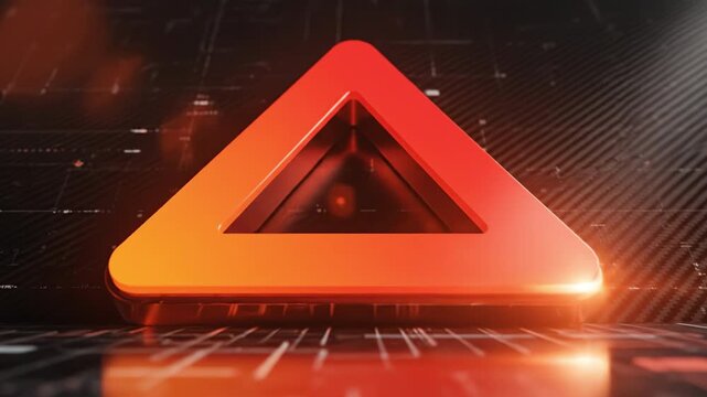 Glowing orange triangular ring reflective circuit board surface with soft lens flare and futuristic metallic texture conveying innovation and alert energy red triangular symbol glowing reflective