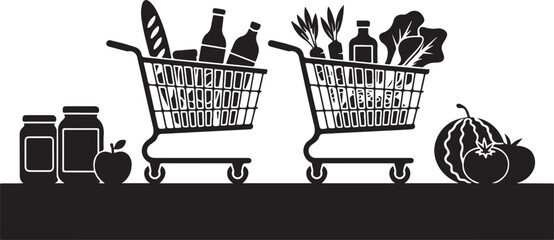 Vector silhouette of food-filled shopping carts for market themes