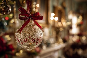 Decorative Glass Christmas Ornament with Red Ribbon Hanging in Festive Holiday Setting
