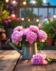 Pink peonies in watering can on weathered wooden table, blurred background of greenery and string lights at dusk
