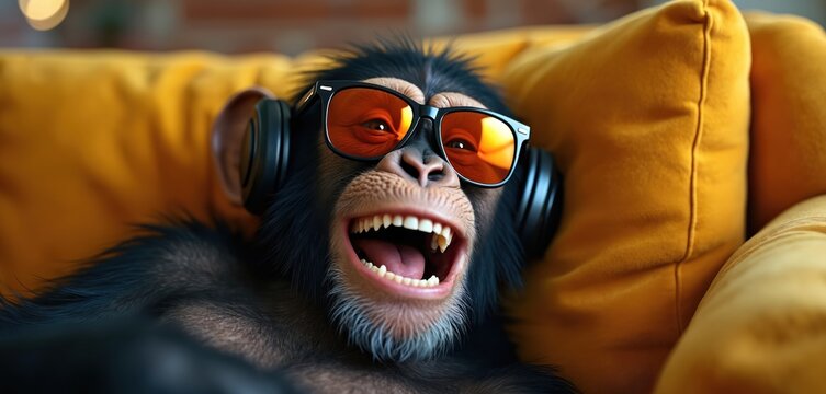 Funny chimpanzee wears sunglasses and headphones, relaxing on couch with open mouth. Animal smiles while listening to music indoors, enjoying downtime, feeling happy and carefree.