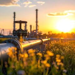 Pipeline leads to industrial plant, seen through wildflowers, bathed in the warm light of a setting sun