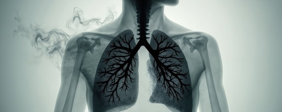 Abstract human torso shows blackened lungs with smoke plume emanating from chest. Represents disease pollution and unhealthy breath impacting respiratory system. Medical concept for lung damage.