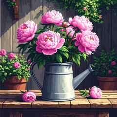 Pink peonies overflow from a metal watering can on a wooden surface, with a garden backdrop