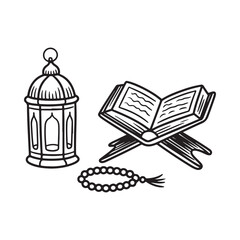 Fototapeta premium Islamic elements a lantern an open book and prayer beads illustration