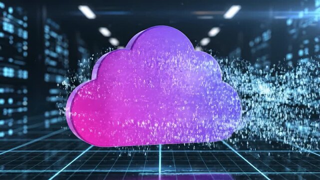 Purple cloud symbol digital grid with streaming data particles and server room background expressing futuristic cloud computing concept combined with blue cloud icon floating futuristic data center