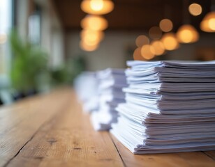 Neatly stacked paper documents sit on a wooden office desk. Piles of white sheets show organized information and business tasks. Rows of files await processing or review.