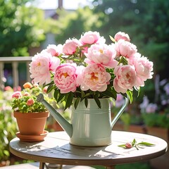 Pink peonies overflow a light blue watering can on a weathered table in a sun-drenched garden scene