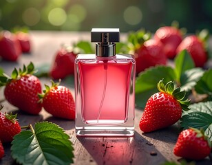 Pink perfume bottle sits among ripe strawberries on wooden surface, set against a blurred garden background