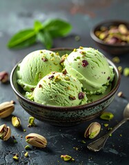 Pistachio ice cream in a bowl. Fresh, vibrant green with nut sprinkles, set against a dark textured surface