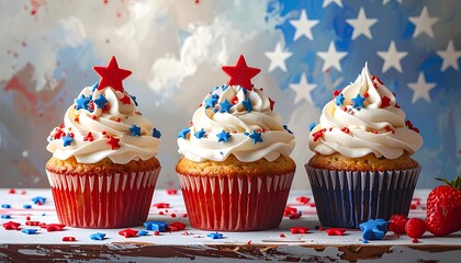 Patriotic cupcakes topped with stars and sprinkles, against a red, white, and blue painted background