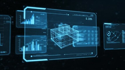 A futuristic digital interface displays multiple glowing blue virtual screens featuring various financial charts, bar graphs, and data visualizations in an abstract, technological environment. - Powered by Adobe