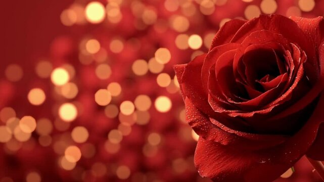 Red rose opening Valentine Wedding Abstract bokeh lights background. Concept love, valentine day greeting card. red glitter bokeh Christmas wedding celebration bokeh shiny confetti pattern backdrop