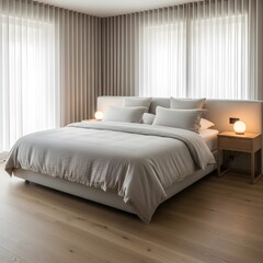 Fototapeta premium Comfortable and Serene Bedroom Interior with Large Bed and Soft Curtains