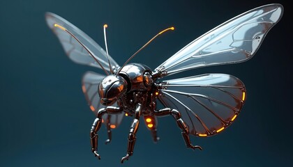Shiny chrome robot insect with transparent wings and glowing orange accents poised in flight. Futuristic mechanical butterfly art design, advanced tech concept.