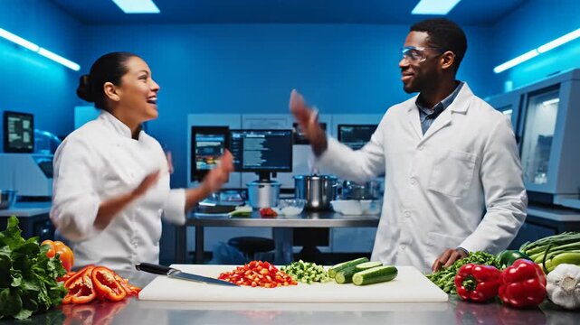 Diverse scientists celebrate success in a modern laboratory, high-fiving over fresh produce