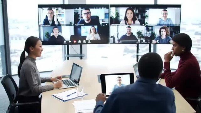 Diverse team collaborates in modern office during virtual meeting.
