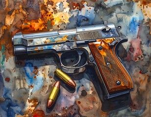 Pistol and two bullets pictured with artistic watercolor rendering